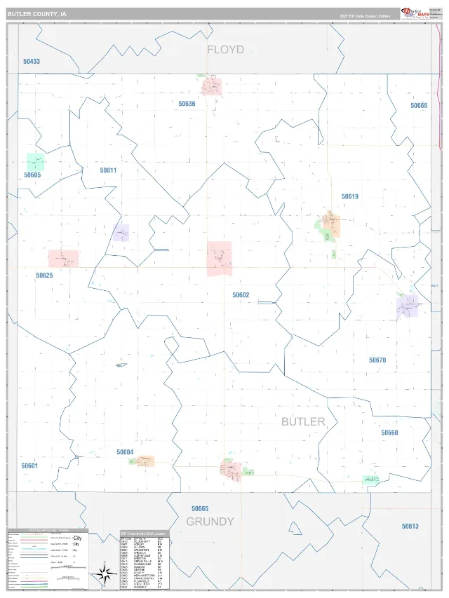 Butler County, IA ZIP Code Wall Map, Classic style
