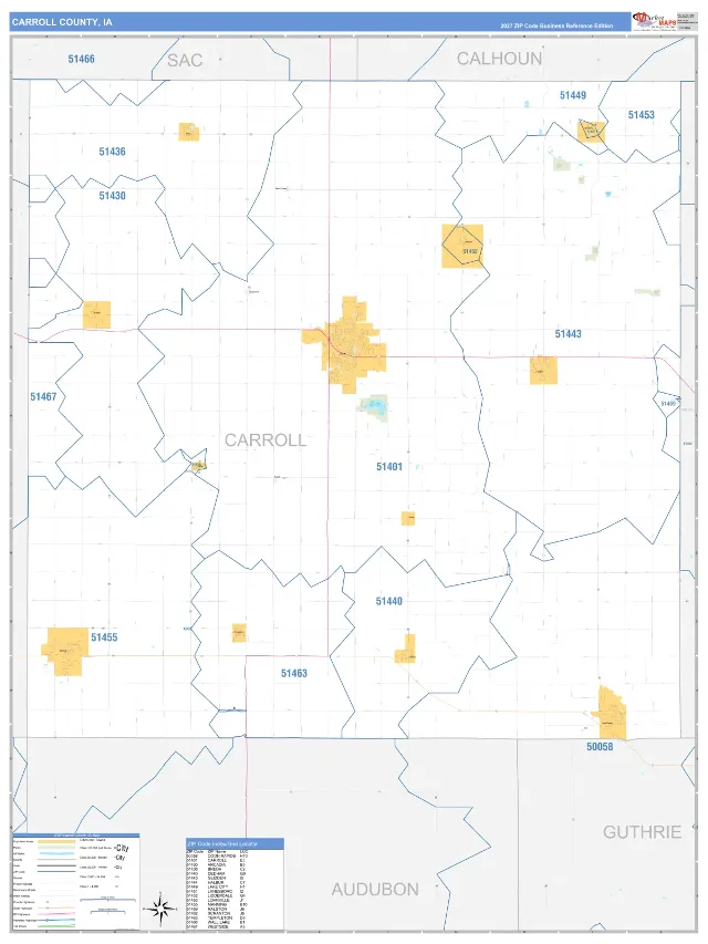 Carroll County, IA ZIP Code Wall Map, Business Reference style