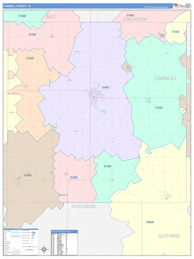Carroll County, IA ZIP Code Wall Map, ColorCast style