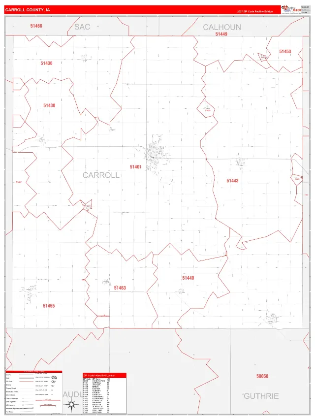 Carroll County, IA ZIP Code Wall Map, RedLine style
