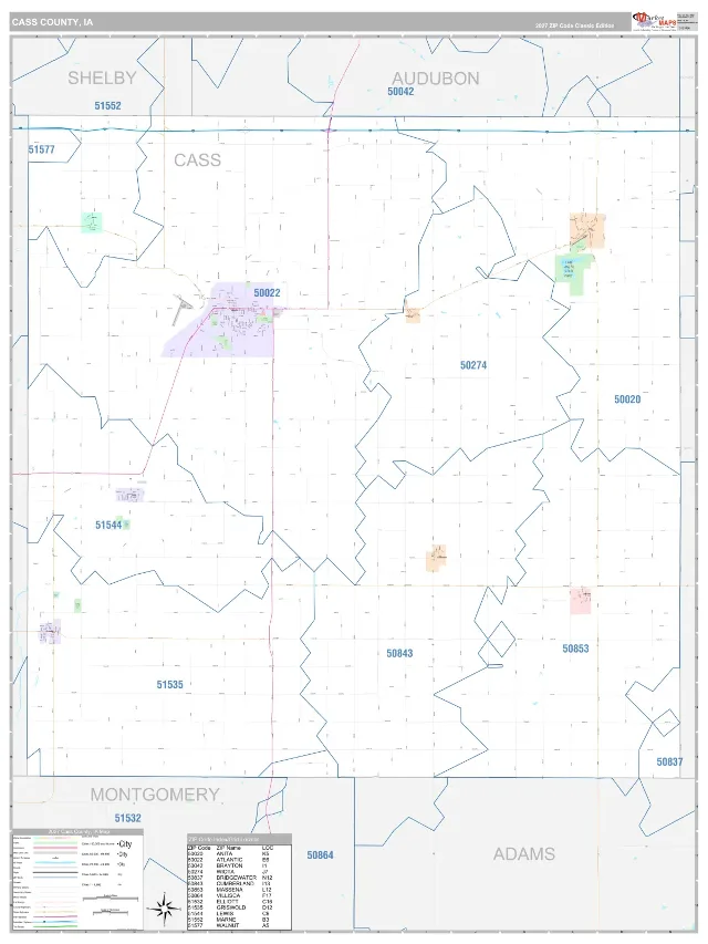 Cass County, IA ZIP Code Wall Map, Classic style