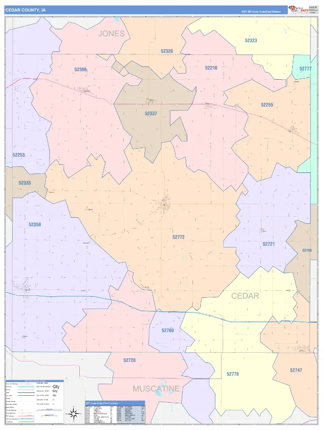 Cedar County, IA ZIP Code Wall Map, ColorCast style