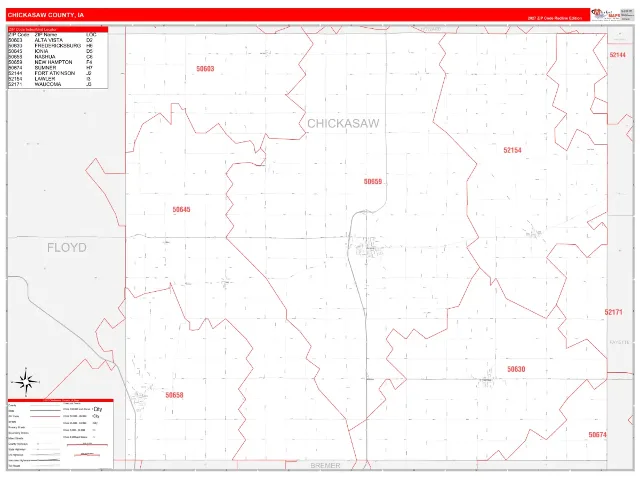 Chickasaw County, IA ZIP Code Wall Map, RedLine style