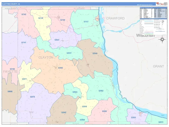 Clayton County, IA ZIP Code Wall Map, ColorCast style