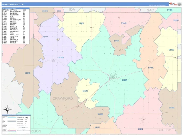 Crawford County, IA ZIP Code Wall Map, ColorCast style