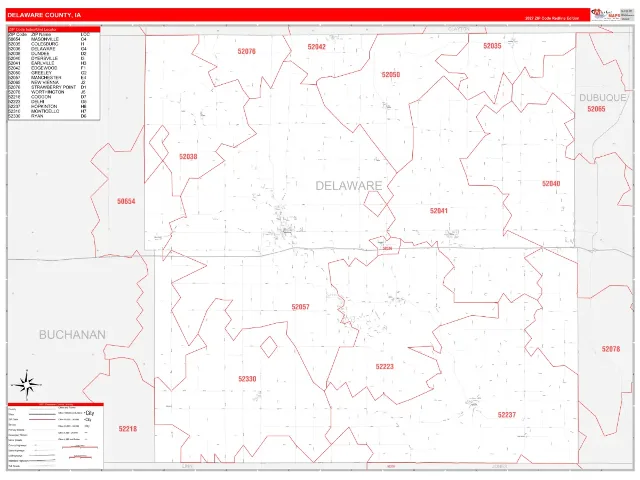 Delaware County, IA ZIP Code Wall Map, RedLine style