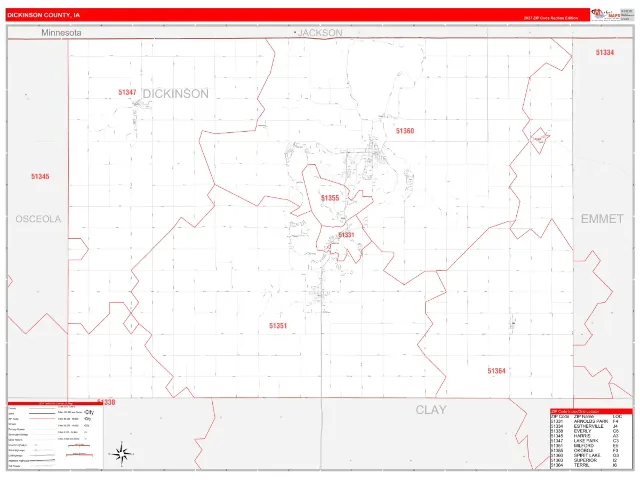 Dickinson County, IA ZIP Code Wall Map, RedLine style