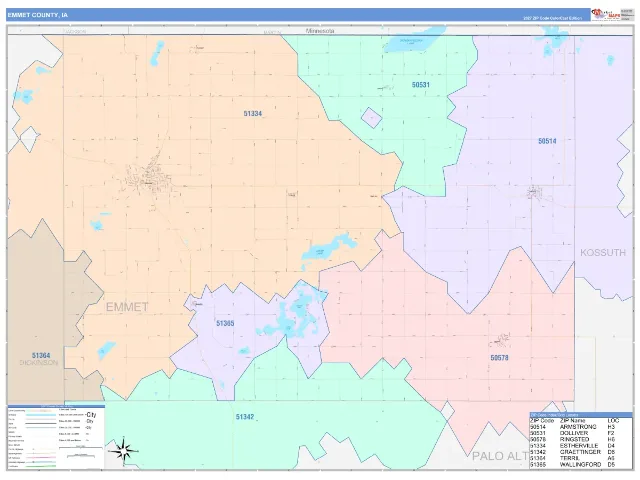 Emmet County, IA ZIP Code Wall Map, ColorCast style