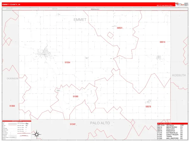 Emmet County, IA ZIP Code Wall Map, RedLine style