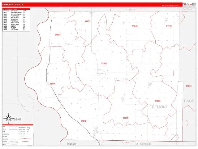 Fremont County, IA ZIP Code Wall Map, RedLine style