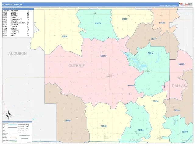 Guthrie County, IA ZIP Code Wall Map, ColorCast style
