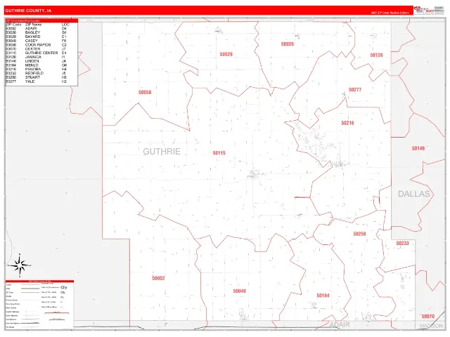 Guthrie County, IA ZIP Code Wall Map, RedLine style