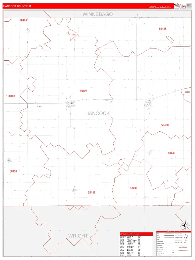 Hancock County, IA ZIP Code Wall Map, RedLine style