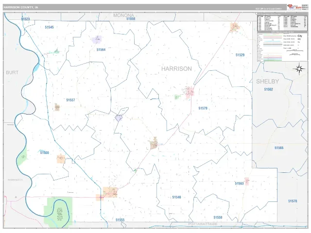 Harrison County, IA ZIP Code Wall Map, Classic style