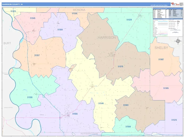 Harrison County, IA ZIP Code Wall Map, ColorCast style
