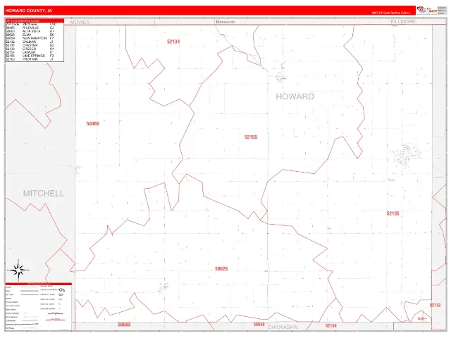 Howard County, IA ZIP Code Wall Map, RedLine style