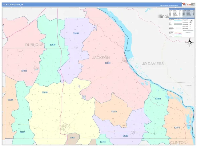 Jackson County, IA ZIP Code Wall Map, ColorCast style