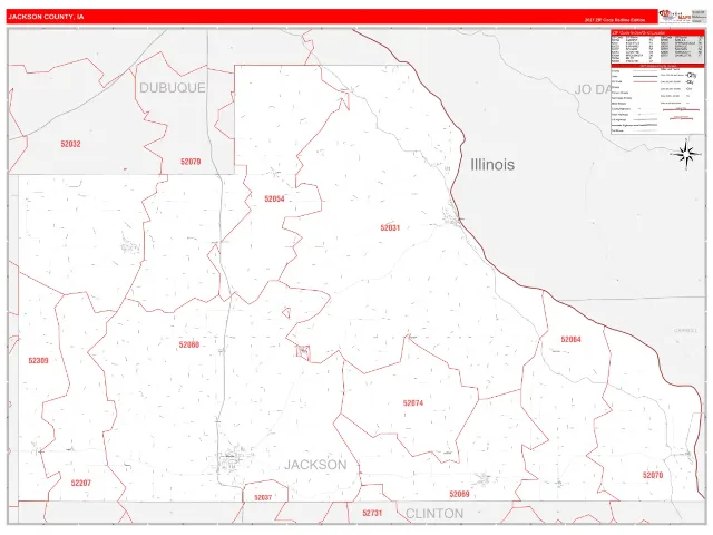 Jackson County, IA ZIP Code Wall Map, RedLine style