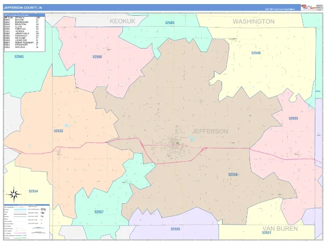 Jefferson County, IA ZIP Code Wall Map, ColorCast style