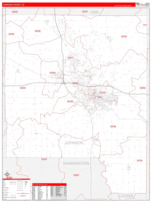 Johnson County, IA ZIP Code Wall Map, RedLine style