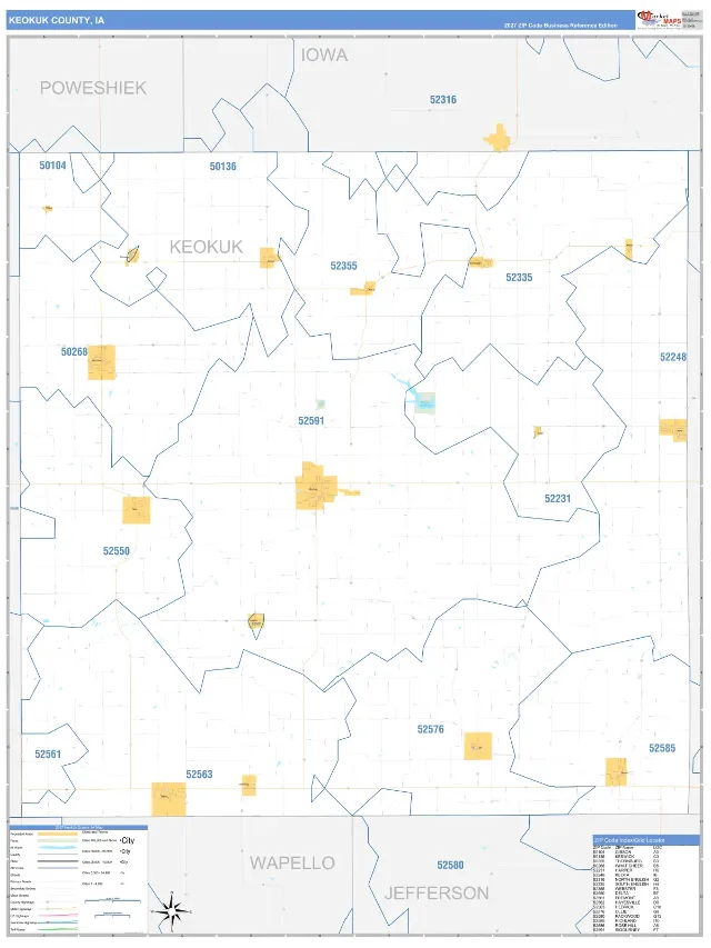 Keokuk County, IA ZIP Code Wall Map, Business Reference style