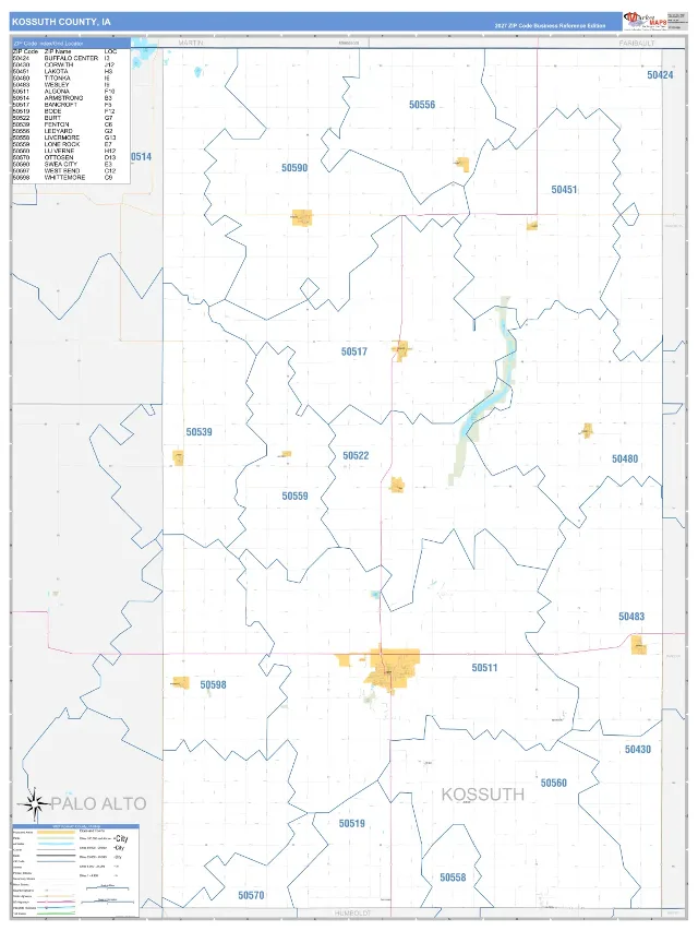 Kossuth County, IA ZIP Code Wall Map, Business Reference style
