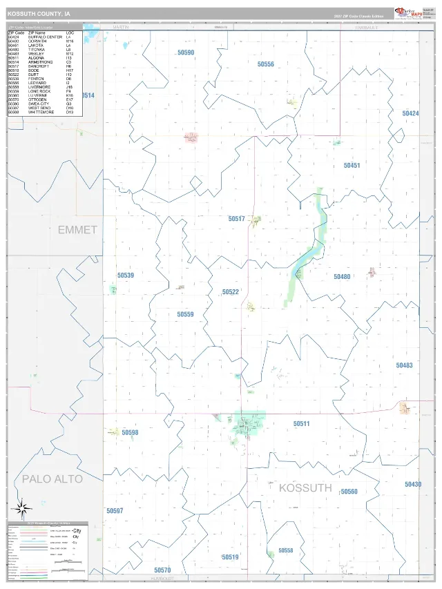 Kossuth County, IA ZIP Code Wall Map, Classic style