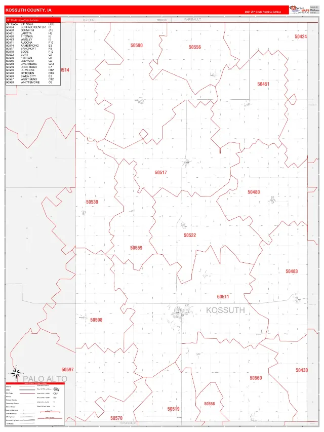 Kossuth County, IA ZIP Code Wall Map, RedLine style
