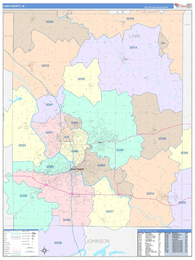 Linn County, IA ZIP Code Wall Map, ColorCast style