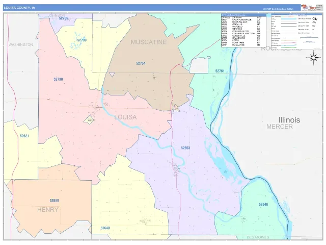 Louisa County, IA ZIP Code Wall Map, ColorCast style