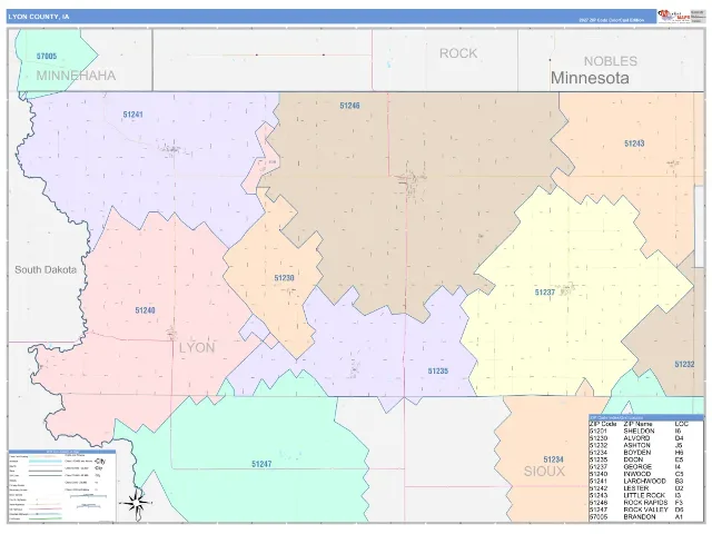 Lyon County, IA ZIP Code Wall Map, ColorCast style