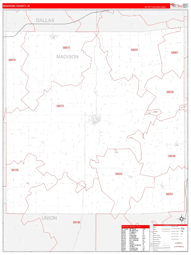 Madison County, IA ZIP Code Wall Map, RedLine style