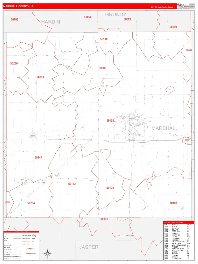 Marshall County, IA ZIP Code Wall Map, RedLine style