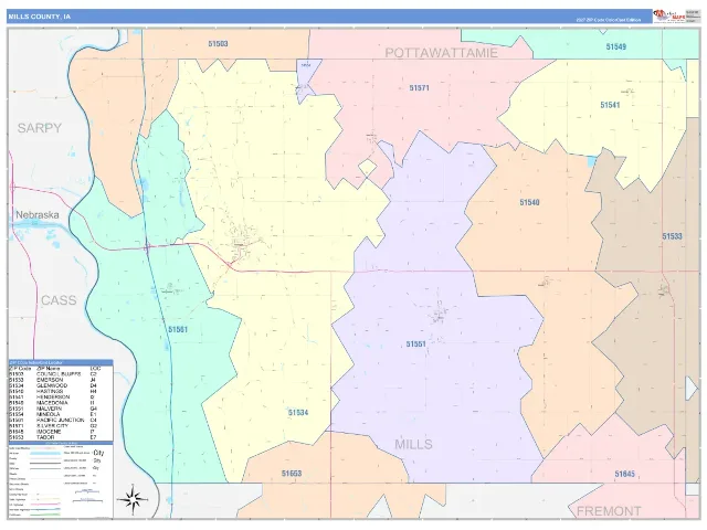 Mills County, IA ZIP Code Wall Map, ColorCast style