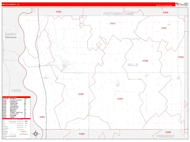 Mills County, IA ZIP Code Wall Map, RedLine style