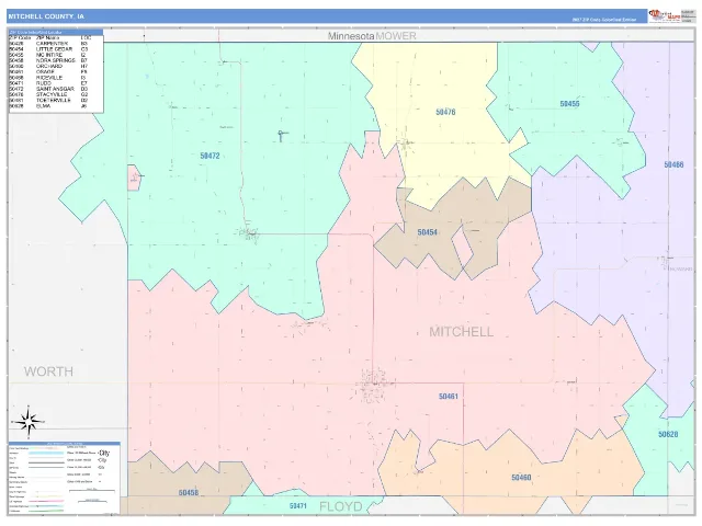 Mitchell County, IA ZIP Code Wall Map, ColorCast style