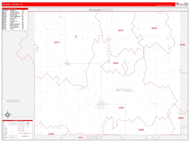 Mitchell County, IA ZIP Code Wall Map, RedLine style
