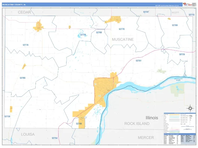 Muscatine County, IA ZIP Code Wall Map, Business Reference style