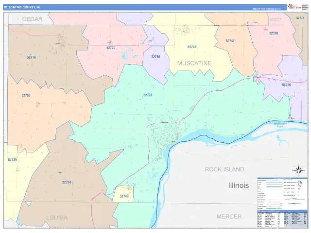 Muscatine County, IA ZIP Code Wall Map, ColorCast style