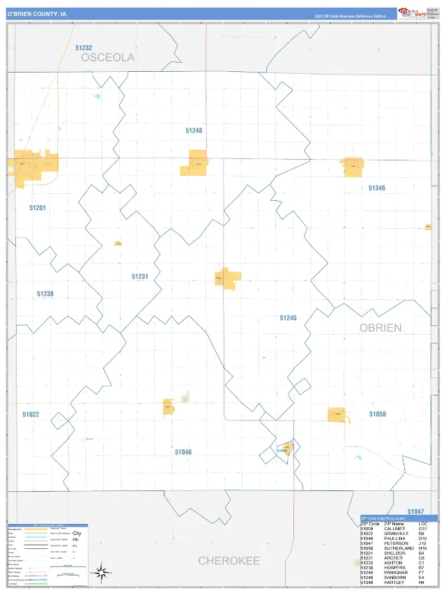 O'Brien County, IA ZIP Code Wall Map, Business Reference style