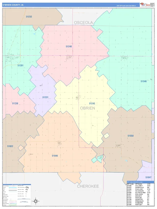 O'Brien County, IA ZIP Code Wall Map, ColorCast style