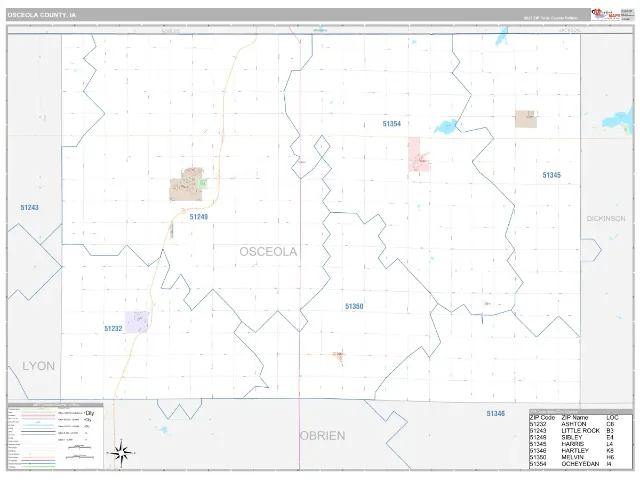 Osceola County, IA ZIP Code Wall Map, Classic style