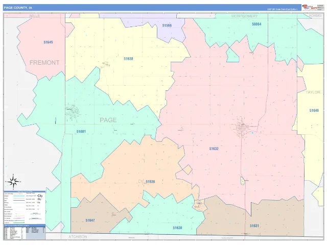 Page County, IA ZIP Code Wall Map, ColorCast style
