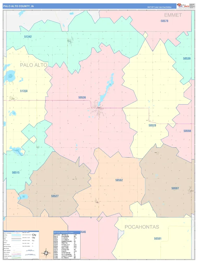 Palo Alto County, IA ZIP Code Wall Map, ColorCast style