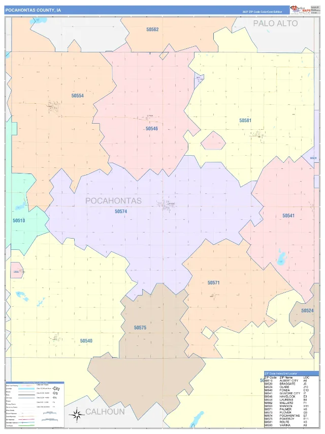 Pocahontas County, IA ZIP Code Wall Map, ColorCast style