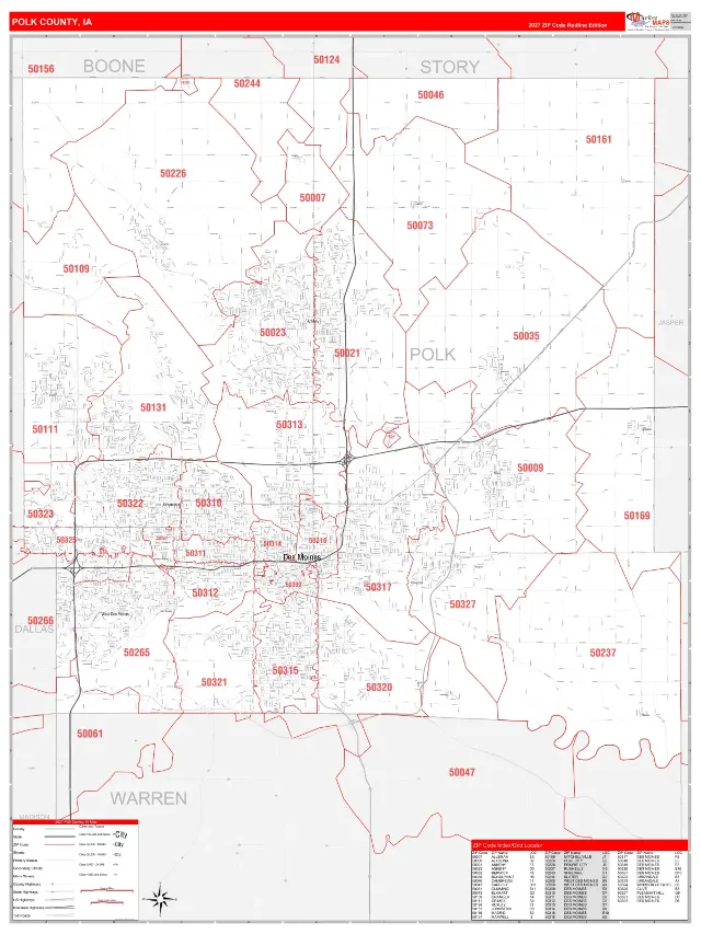 Polk County, IA ZIP Code Wall Map, RedLine style
