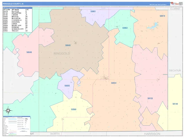 Ringgold County, IA ZIP Code Wall Map, ColorCast style