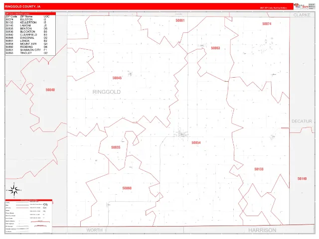 Ringgold County, IA ZIP Code Wall Map, RedLine style
