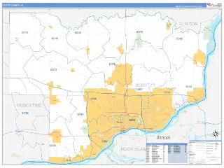 Scott County, IA Business Reference style ZIP Code wall map