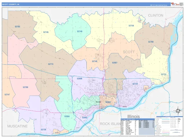 Scott County, IA ZIP Code Wall Map, ColorCast style